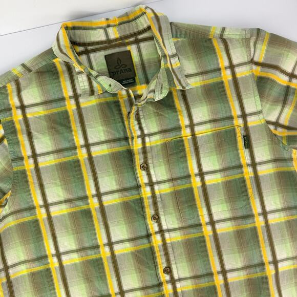 Prana Men’s Yellow Green Windowpane Plaid Short Sleeve Button Up Shirt Medium - Picture 1 of 10